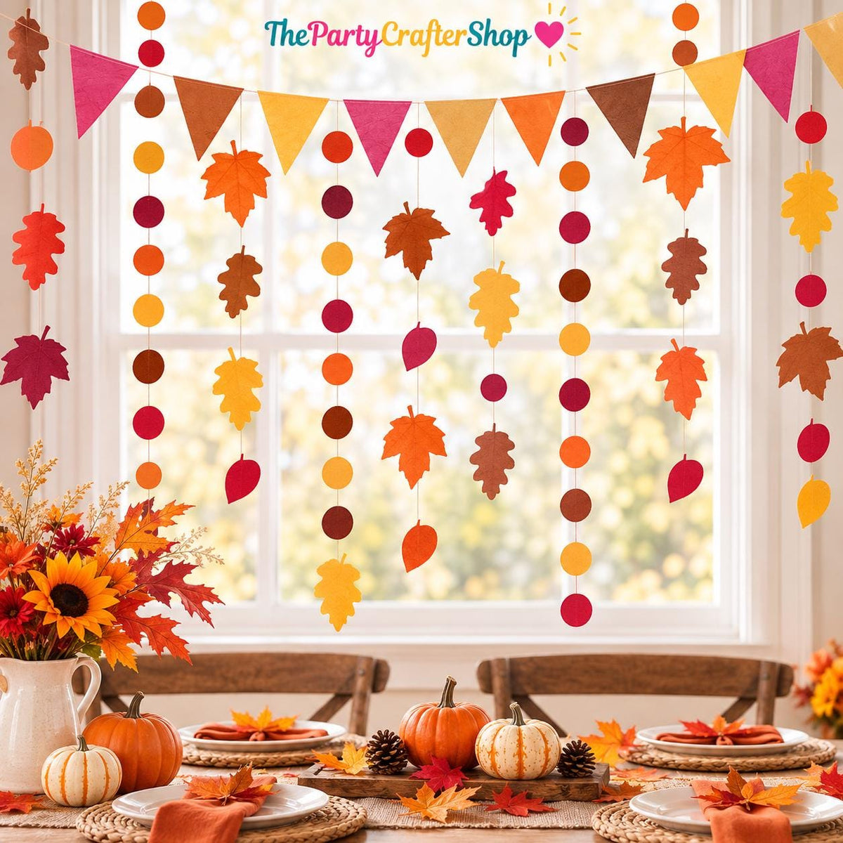 Autumn Felt Bunting Set, Maple Leaf Pennant Garland, Circle Dot Streamers, Thanksgiving Decor, Home Party