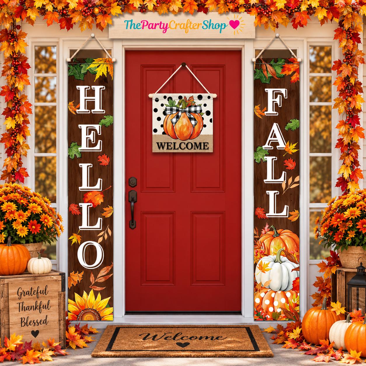 3pc Fall Welcome Door Banner Set, Pumpkin Maple Leaf Hanging Decor (Outdoor)