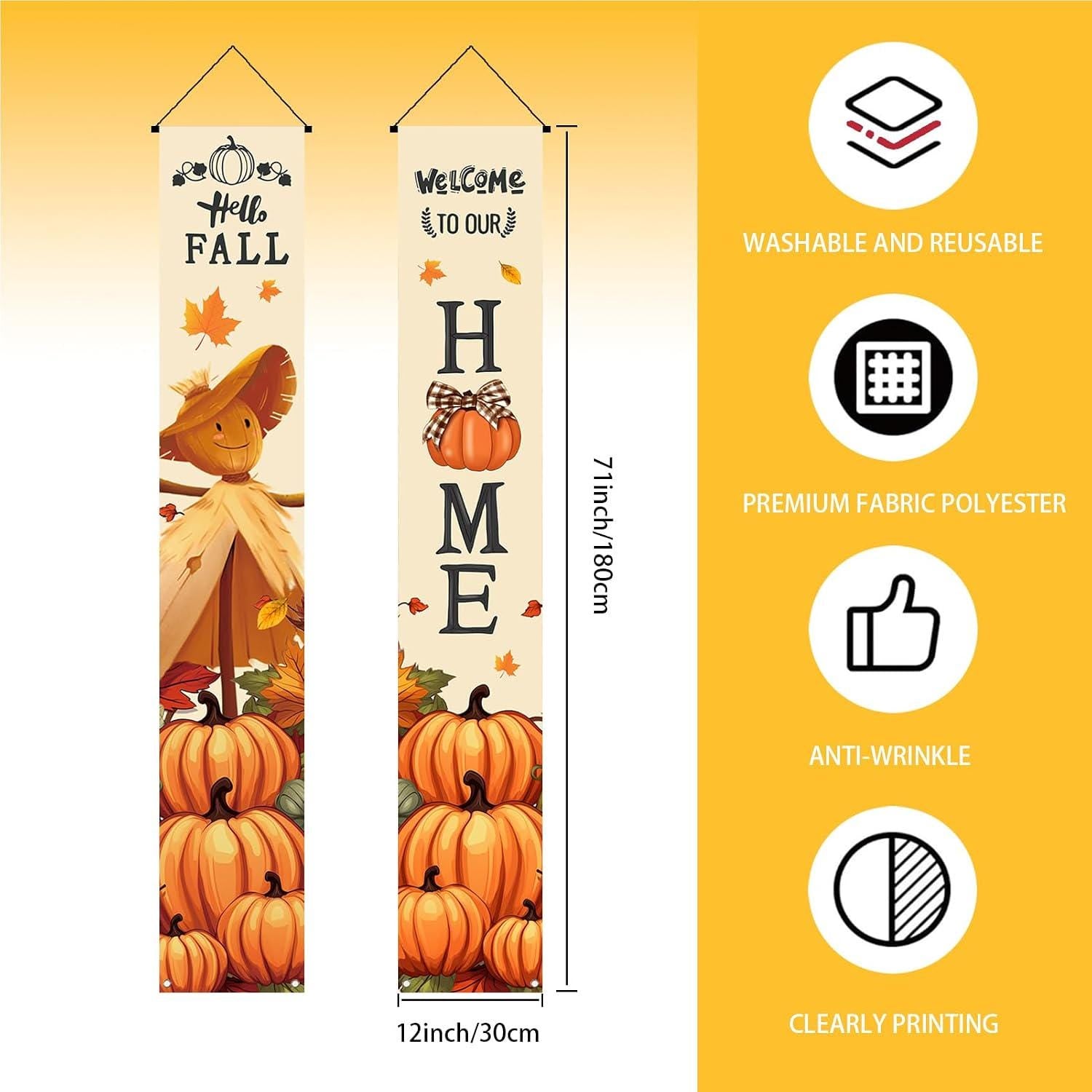 Fall Scarecrow Pumpkin Porch Banner Set, 2pc 72x12 Inch Farmhouse Outdoor Decor