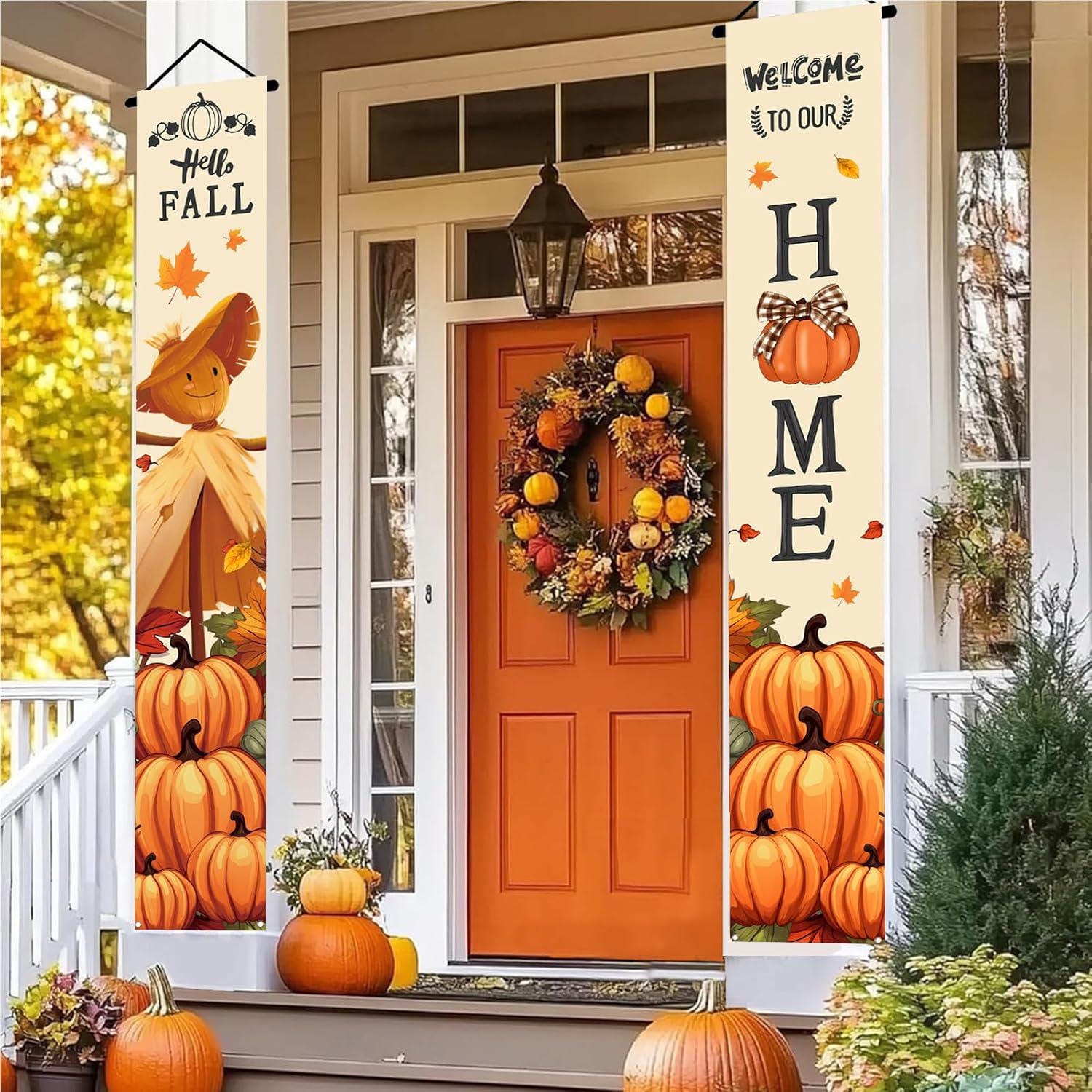 Fall Scarecrow Pumpkin Porch Banner Set, 2pc 72x12 Inch Farmhouse Outdoor Decor