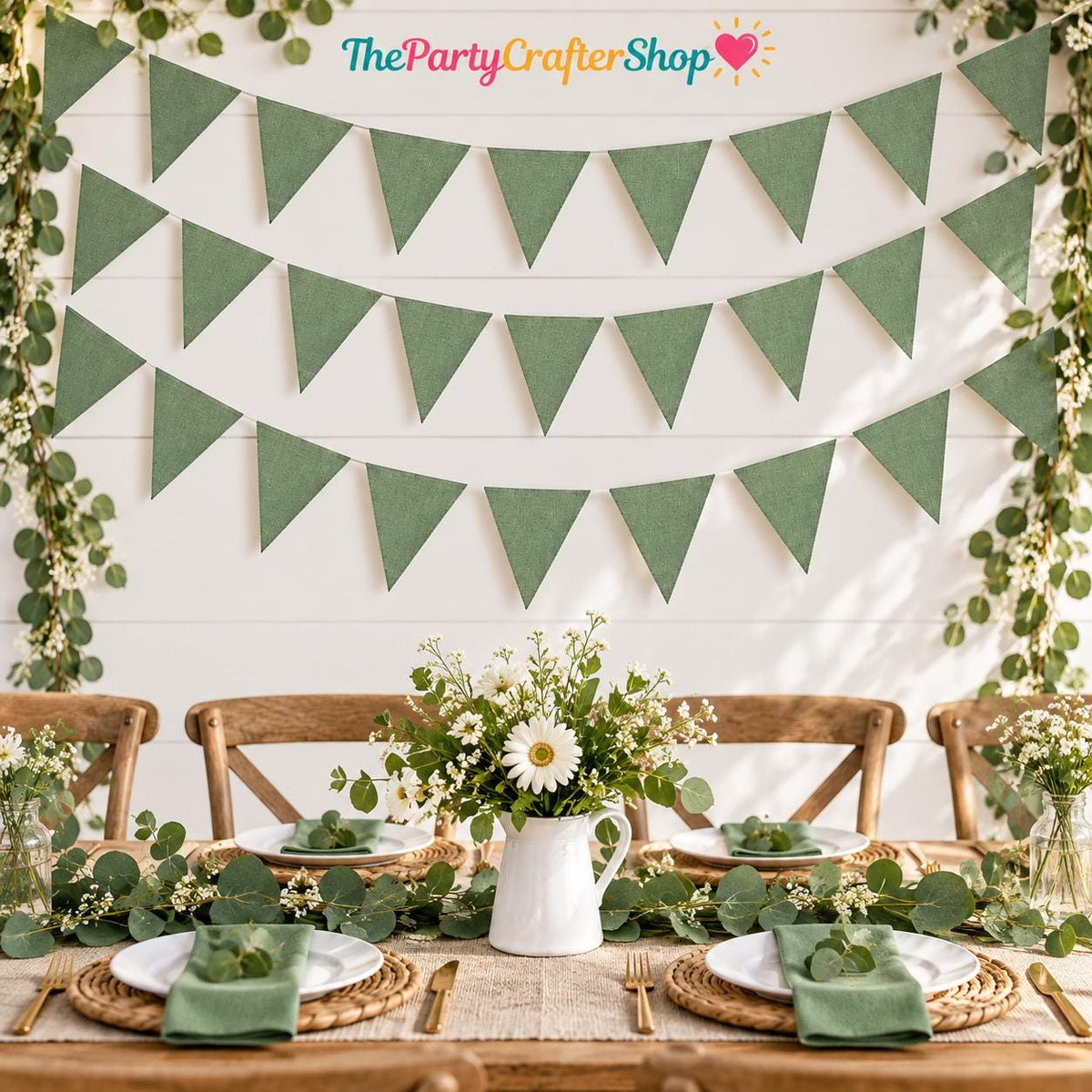 Sage Green Burlap Pennant Banner, Jungle Safari Party Decor (46FT)