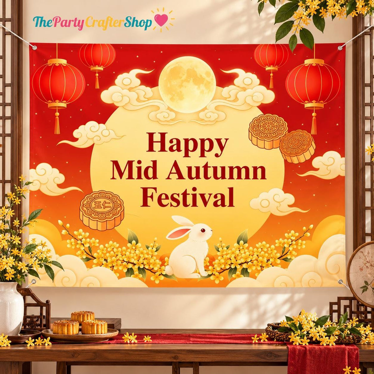 Mid Autumn Festival Backdrop, Moon, Lanterns, Mooncakes, Rabbit (10x8FT Vinyl)