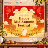 Mid Autumn Festival Backdrop, Moon, Lanterns, Mooncakes, Rabbit (10x8FT Vinyl)
