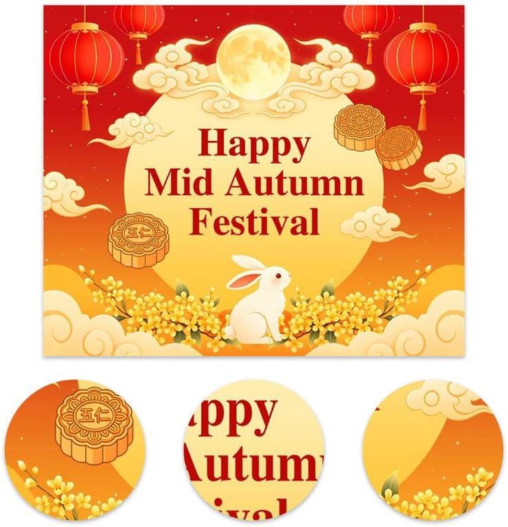 Mid Autumn Festival Backdrop, Moon, Lanterns, Mooncakes, Rabbit (10x8FT Vinyl)