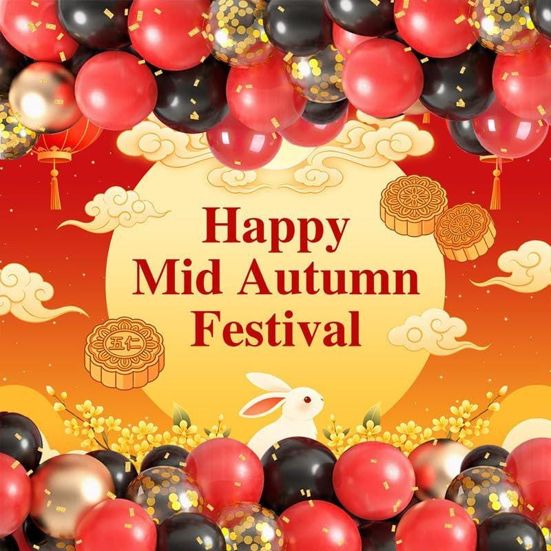 Mid Autumn Festival Backdrop, Moon, Lanterns, Mooncakes, Rabbit (10x8FT Vinyl)