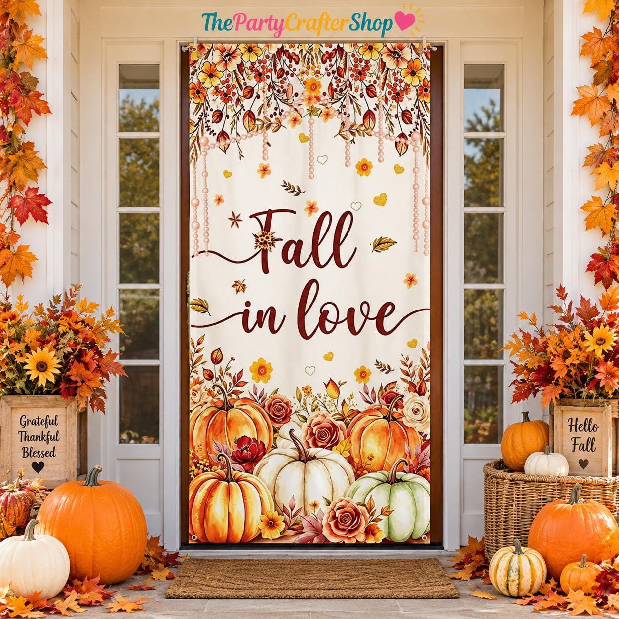 Fall in Love Door Banner, Rustic Pumpkin Floral Wedding Backdrop (90x180cm)