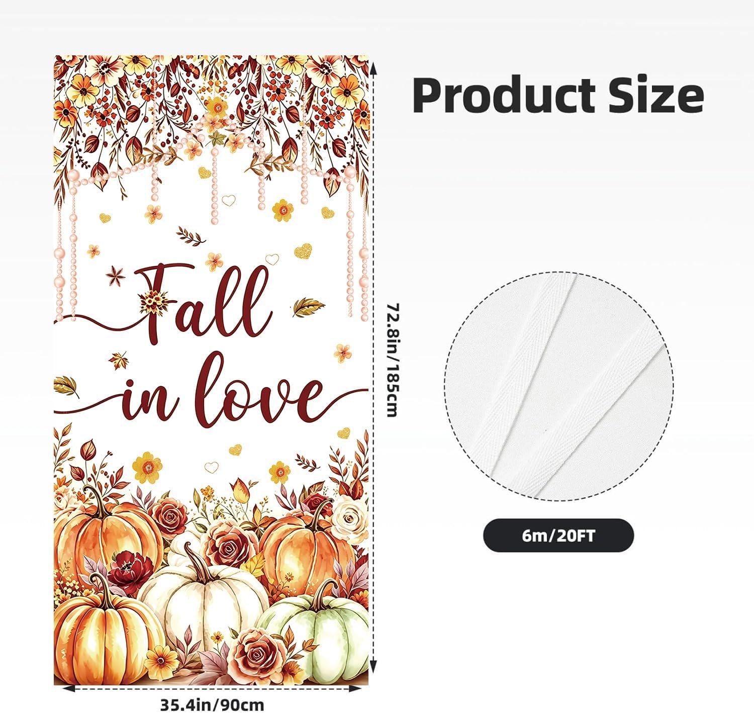 Fall in Love Door Banner, Rustic Pumpkin Floral Wedding Backdrop (90x180cm)