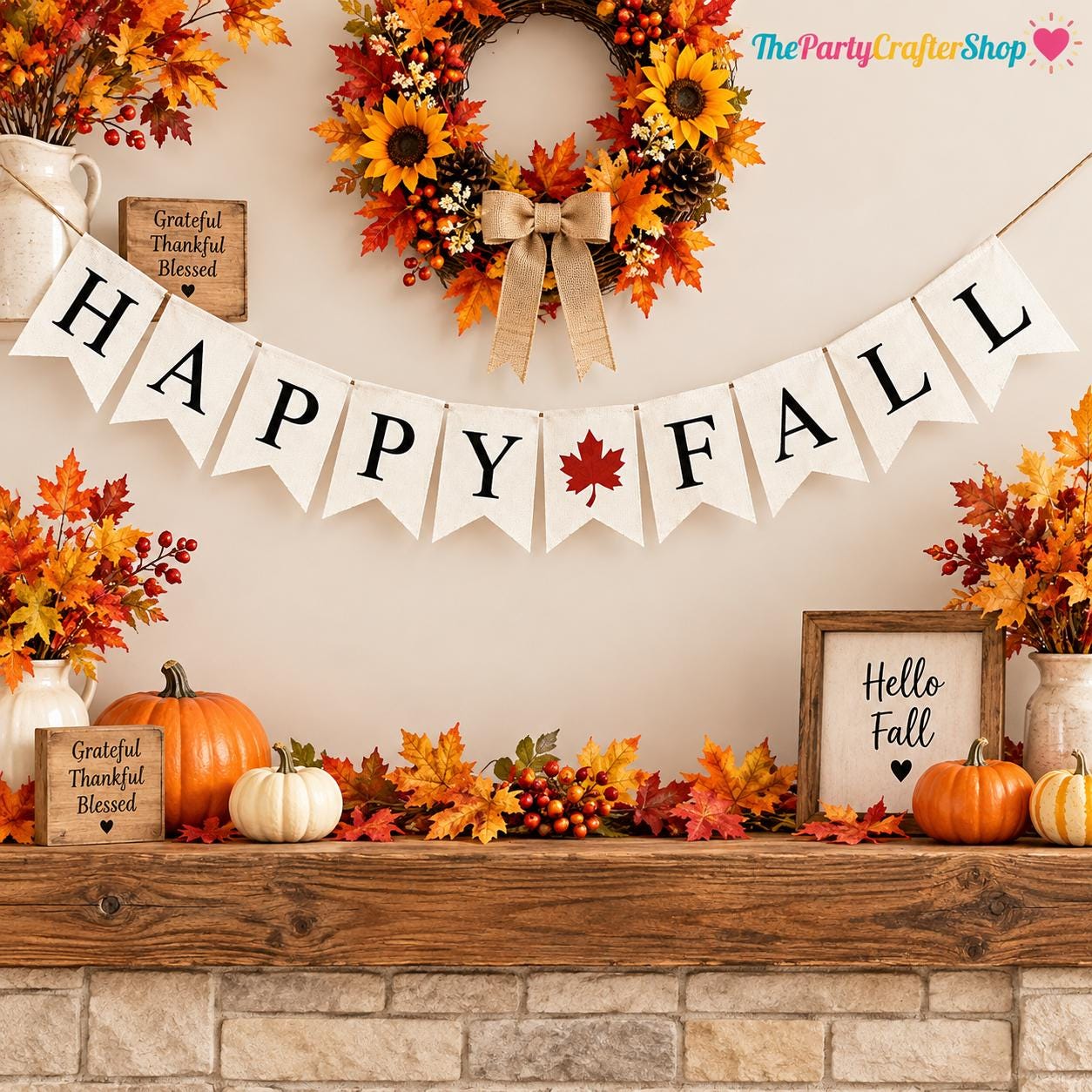 Happy Fall Burlap Banner, Maple Leaf Garland, Autumn Mantel Decor