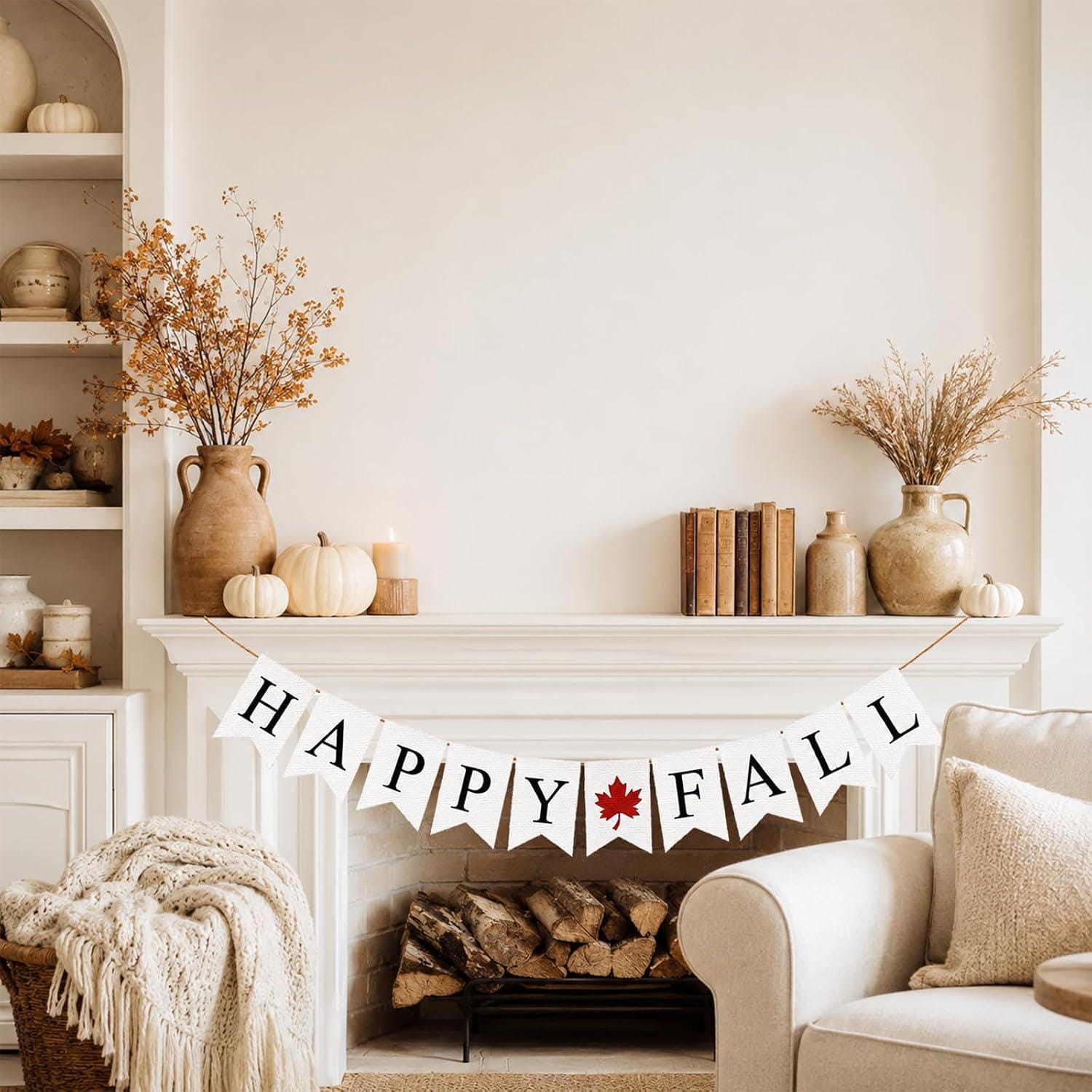 Happy Fall Burlap Banner, Maple Leaf Garland, Autumn Mantel Decor