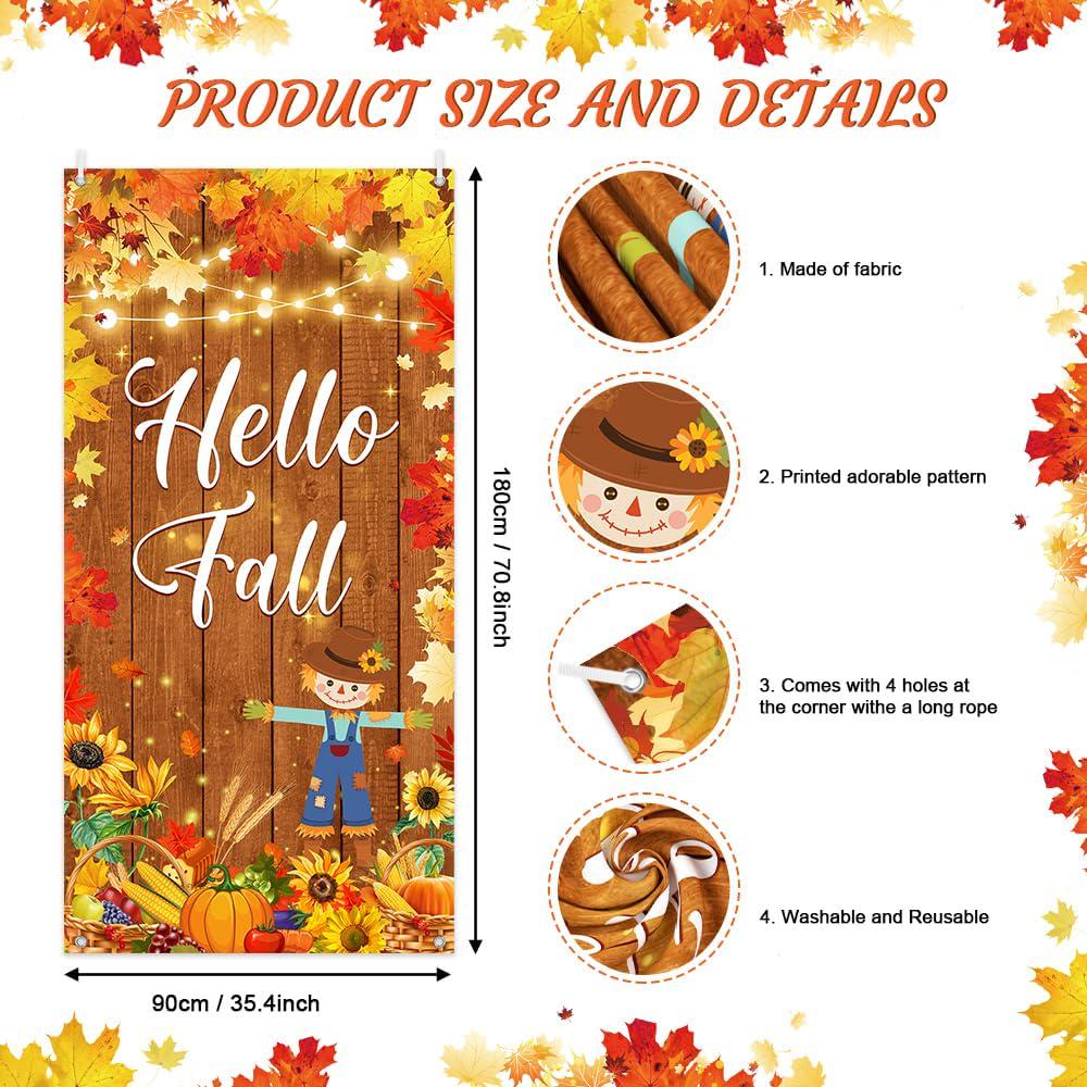 Hello Fall Door Banner, Pumpkin Scarecrow Autumn Backdrop (35.4x70.8 Inch)