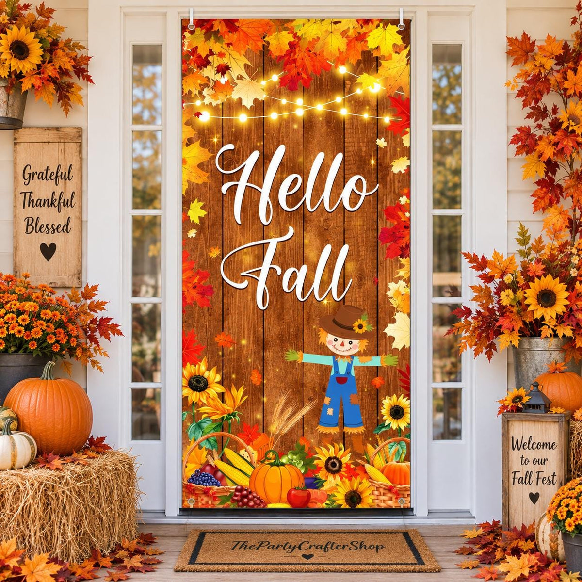 Hello Fall Door Banner, Pumpkin Scarecrow Autumn Backdrop (35.4x70.8 Inch)