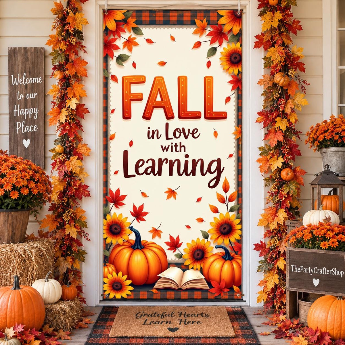 Fall in Love with Learning Door Banner, Pumpkin Sunflower Teacher Backdrop (Washable Polyester)