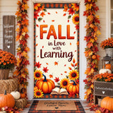 Fall in Love with Learning Door Banner, Pumpkin Sunflower Teacher Backdrop (Washable Polyester)