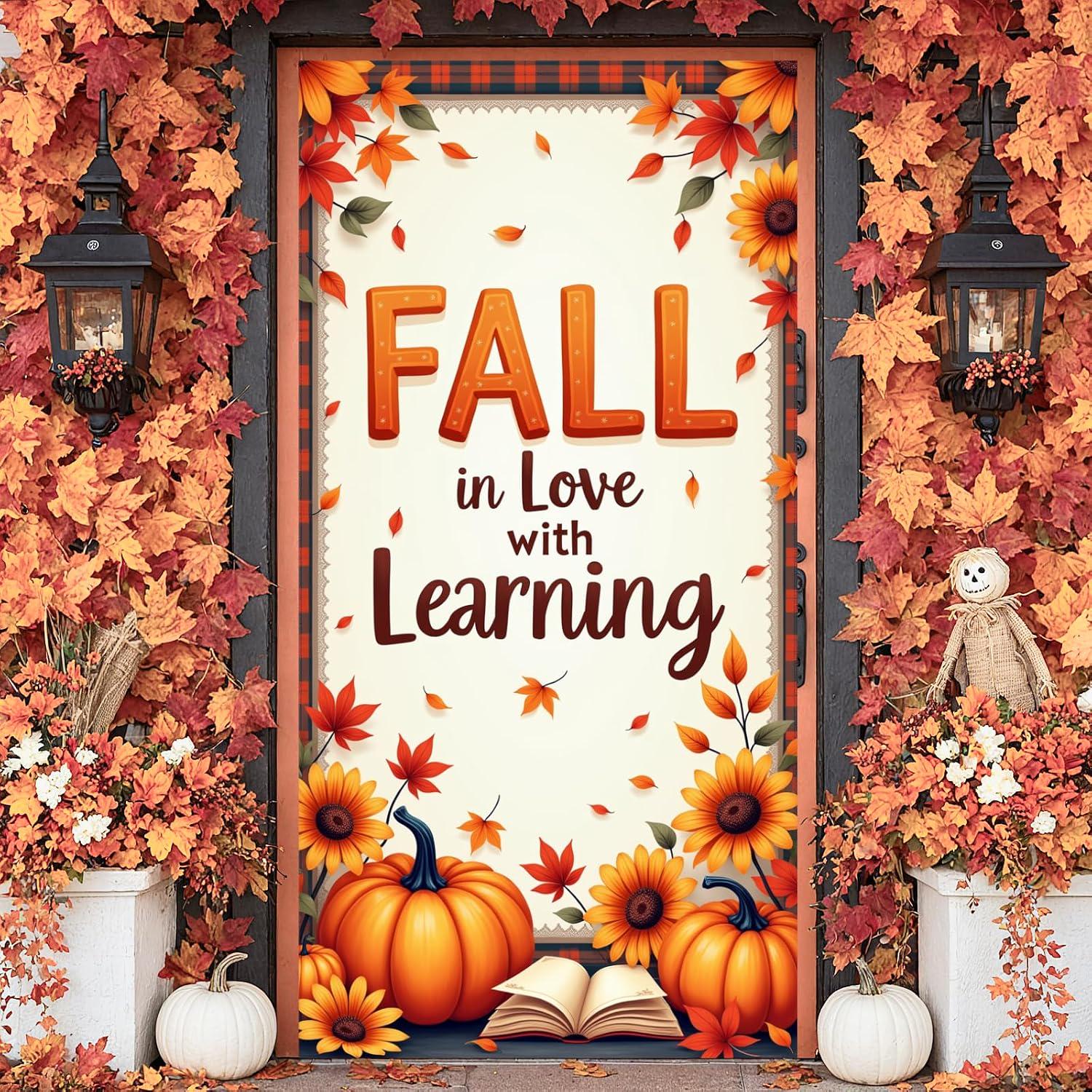 Fall in Love with Learning Door Banner, Pumpkin Sunflower Teacher Backdrop (Washable Polyester)