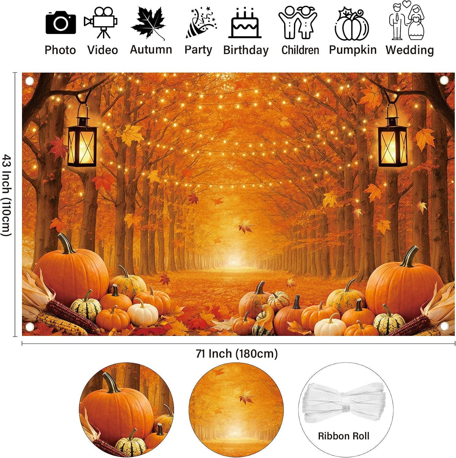 Autumn Forest Backdrop, Pumpkin Harvest Party Photo Booth Decor (71x43 Inch)