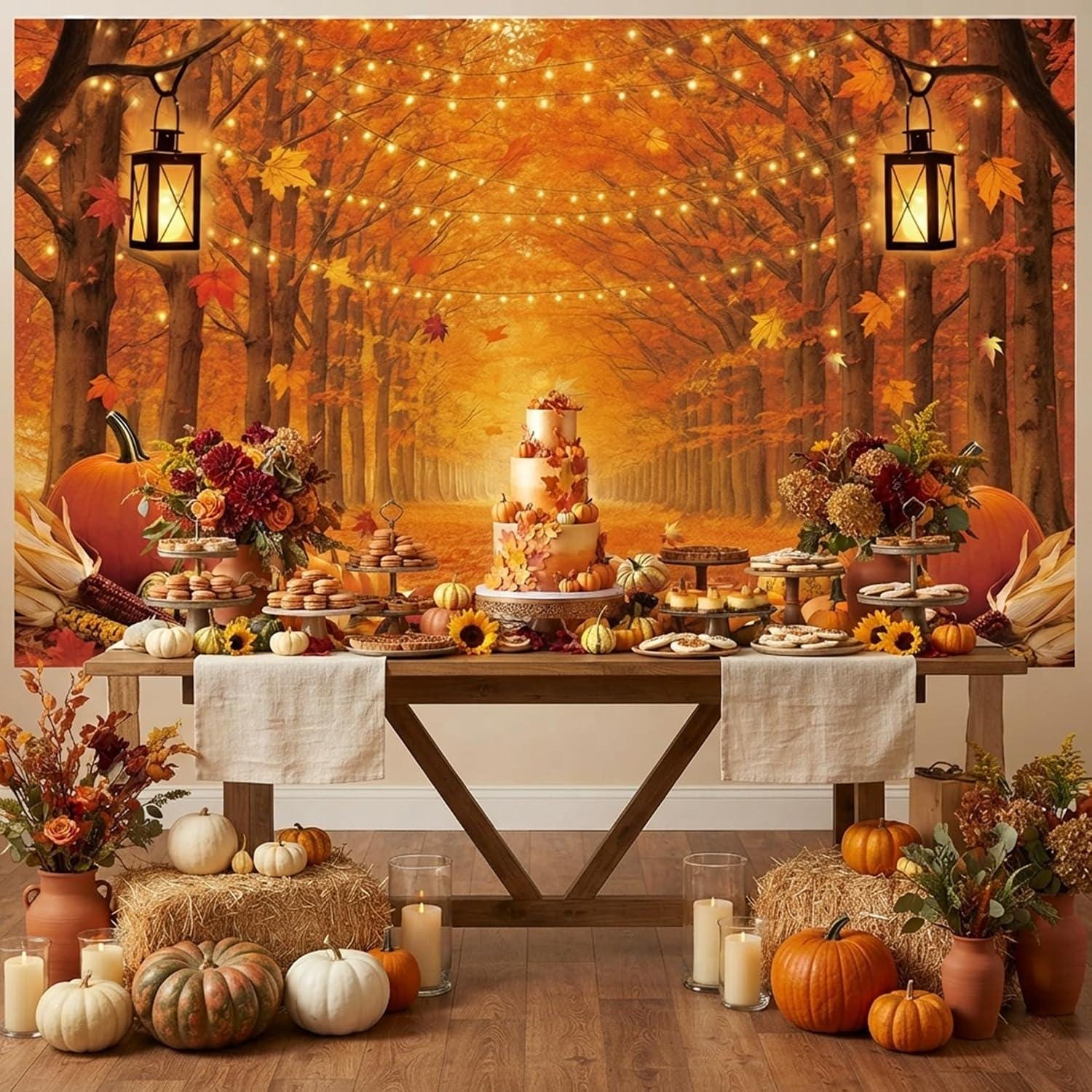 Autumn Forest Backdrop, Pumpkin Harvest Party Photo Booth Decor (71x43 Inch)