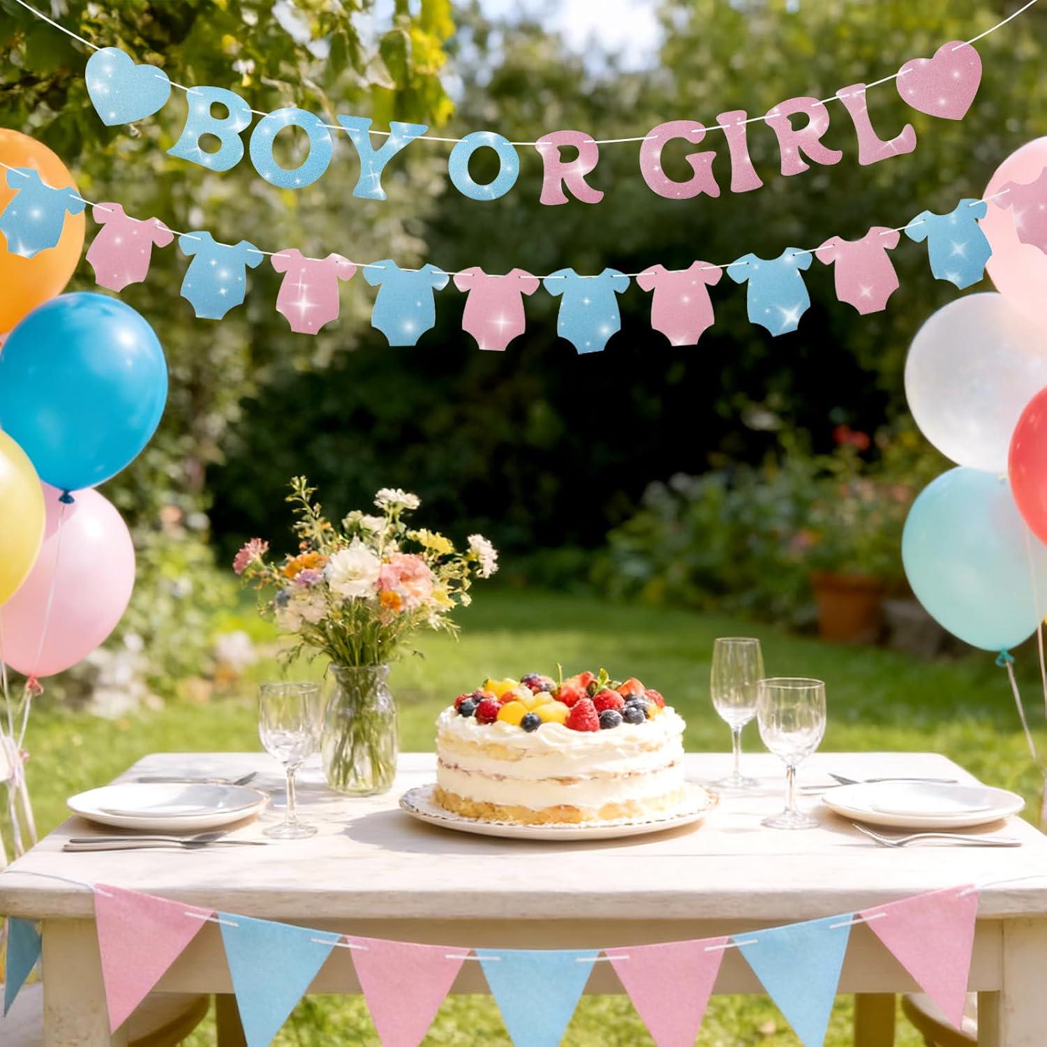Boy or Girl Gender Reveal Banner, Glitter Hearts, Baby Shower Backdrop (118 inches)
