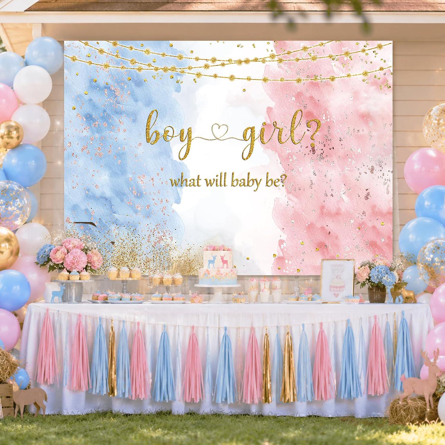 7x5FT Gender Reveal Backdrop, Watercolor Rose Gold Navy Baby Shower Photo Background