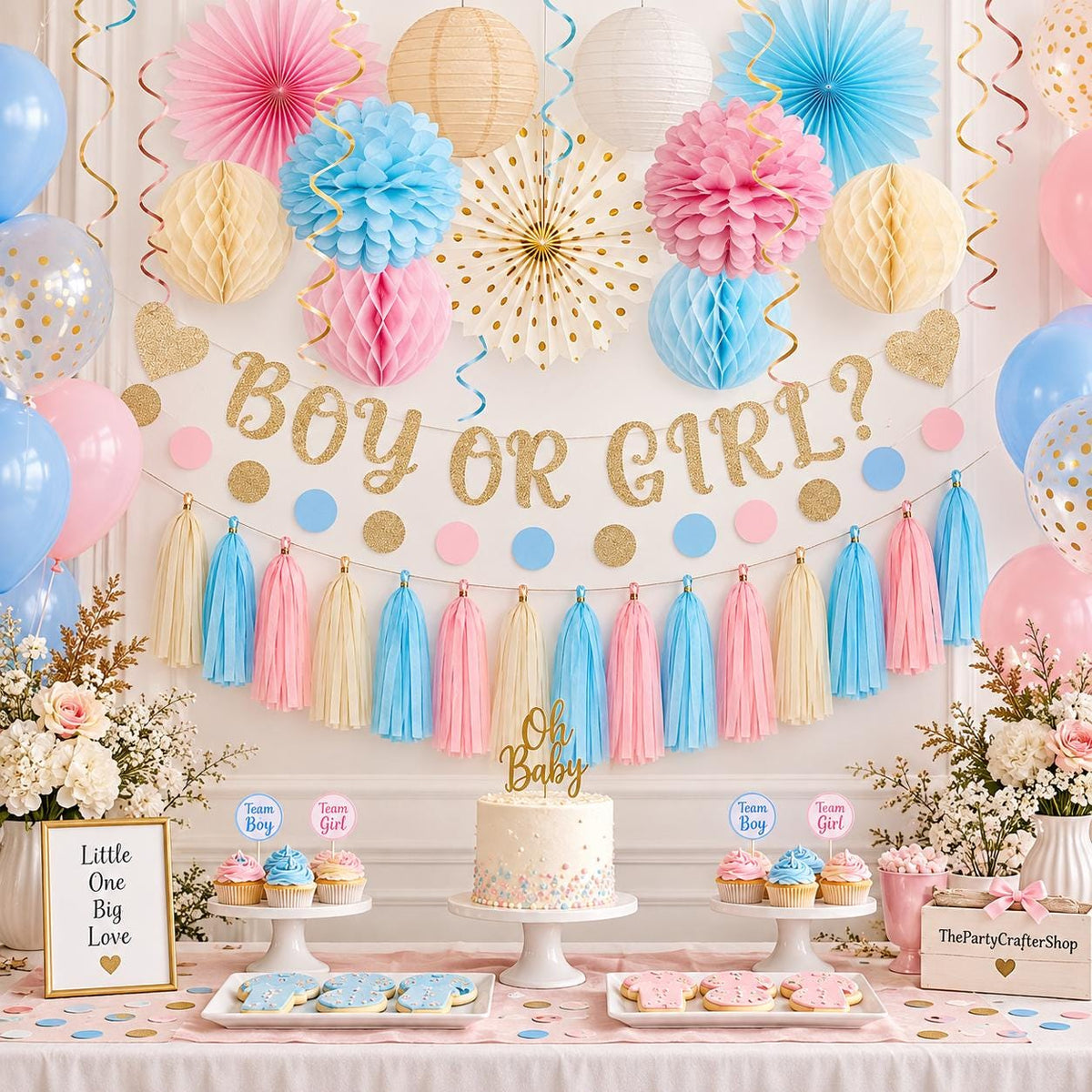 Boho Gender Reveal Party Set, Pink Blue Champagne Baby Shower Decorations