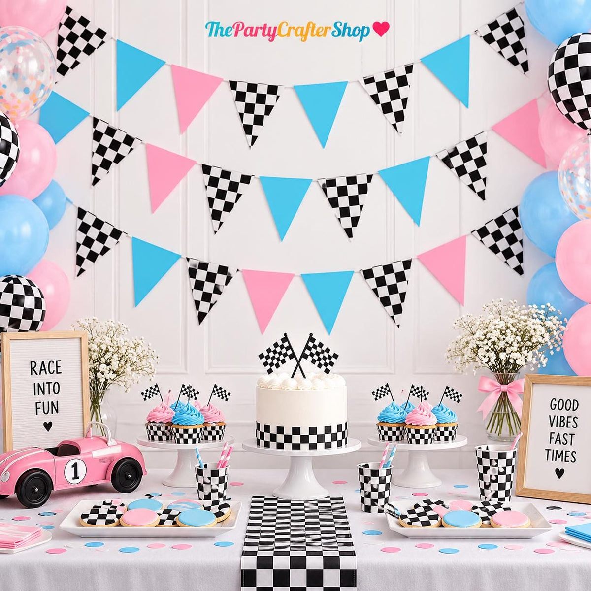 Race Car Checkered Pennant Flags, Gender Reveal Banner Set (5pc)