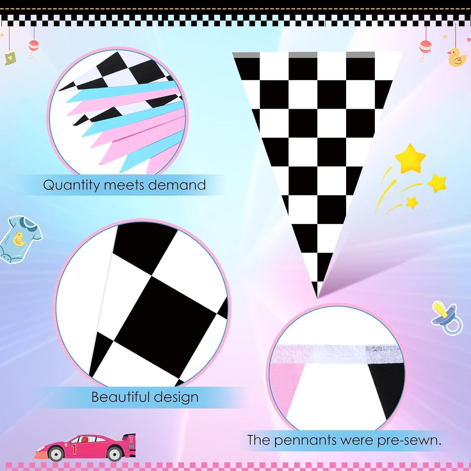 Race Car Checkered Pennant Flags, Gender Reveal Banner Set (5pc)