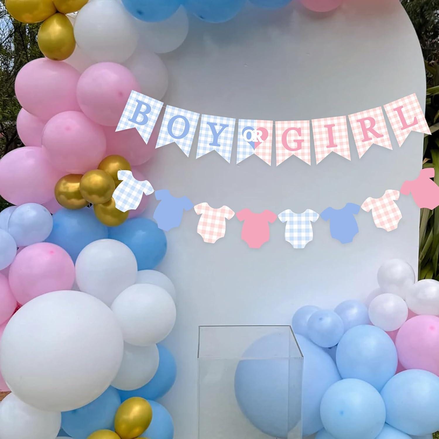 Boy or Girl Baby Shower Banner, Blue Pink Plaid Onesie Garland (Paper)