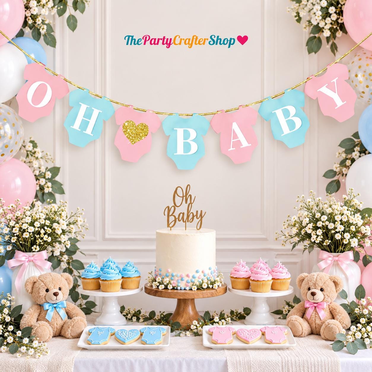 Pink Blue Oh Baby Banner, Glitter Heart Baby Shower Garland (8FT)