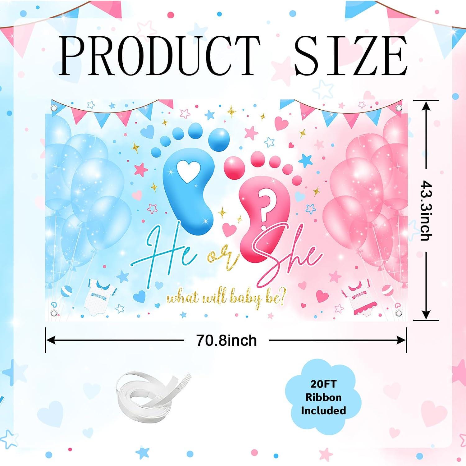 Gender Reveal Backdrop, Blue Pink Footprint Banner, Baby Shower Decor (6x3.6FT)