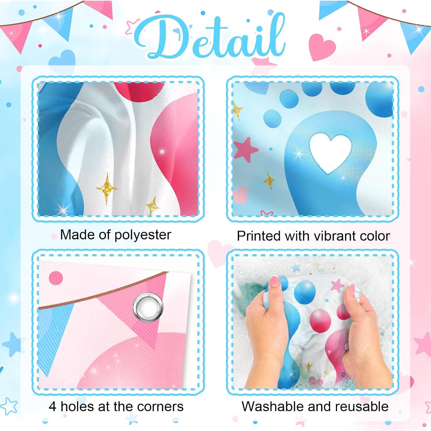 Gender Reveal Backdrop, Blue Pink Footprint Banner, Baby Shower Decor (6x3.6FT)