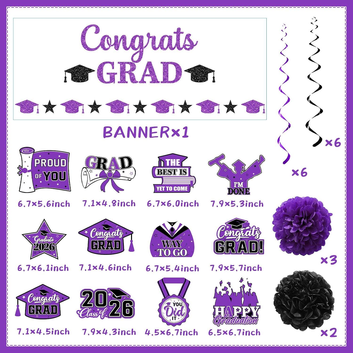 Purple Black Graduation Decorations 2026, Class of 2026 Party Set (Banner, Pom Poms, Swirls)