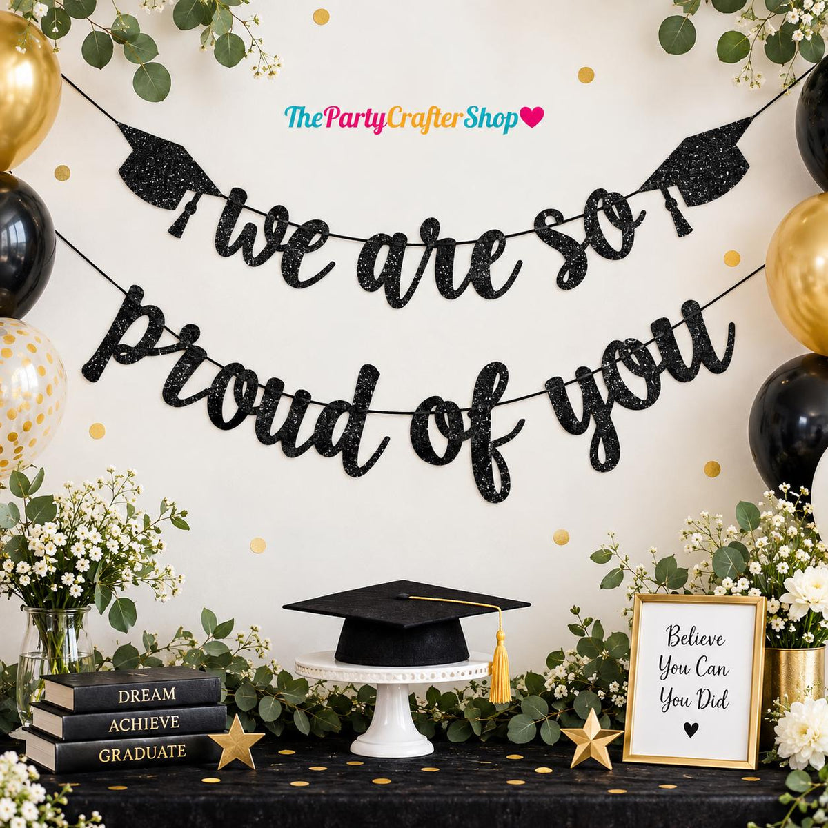 2026 Graduation Banner, Black Glitter Congrats Sign, Class of 2026 Party Decor