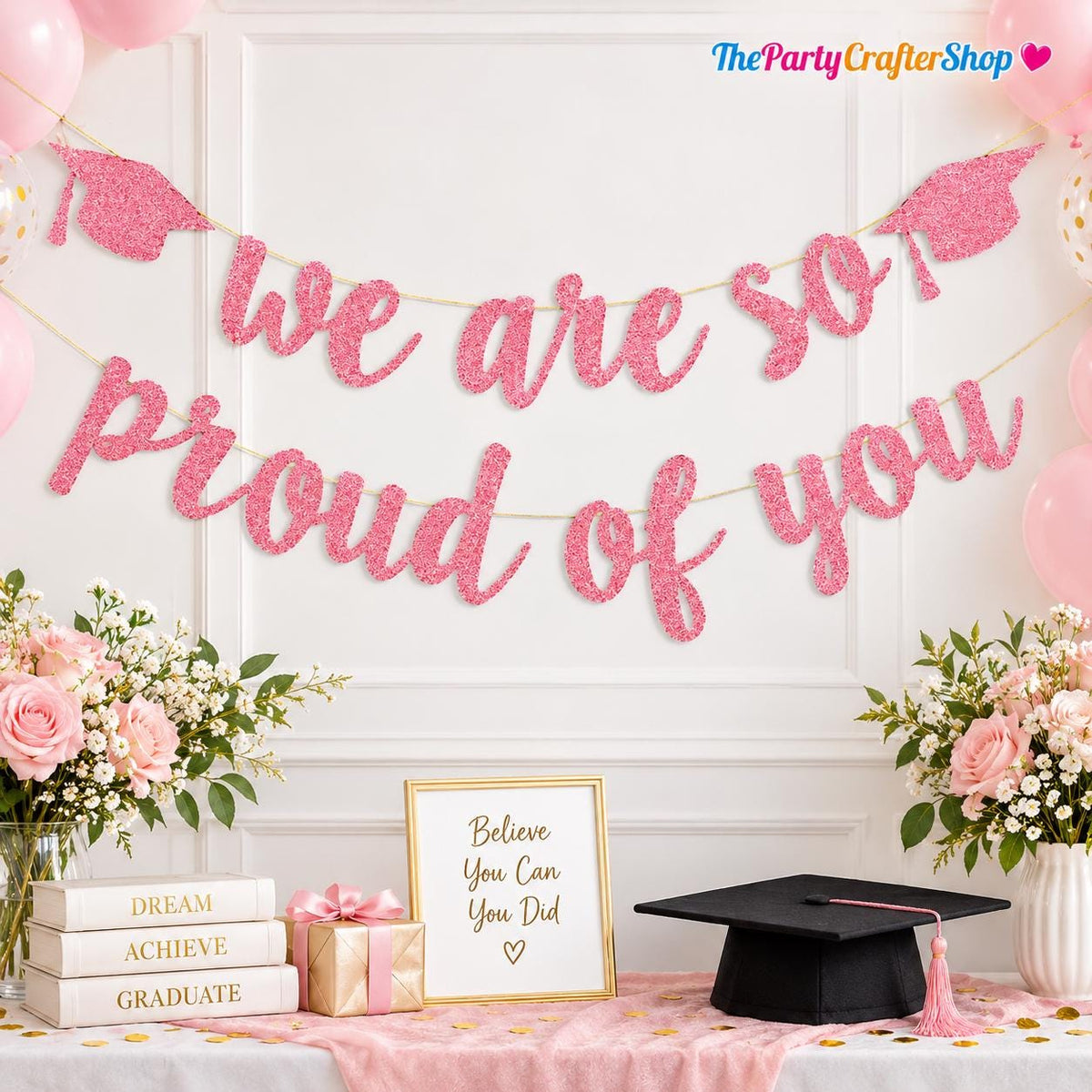 Rose Gold Glitter Graduation Banner, Class of 2026 Party Decor (Pre-assembled)