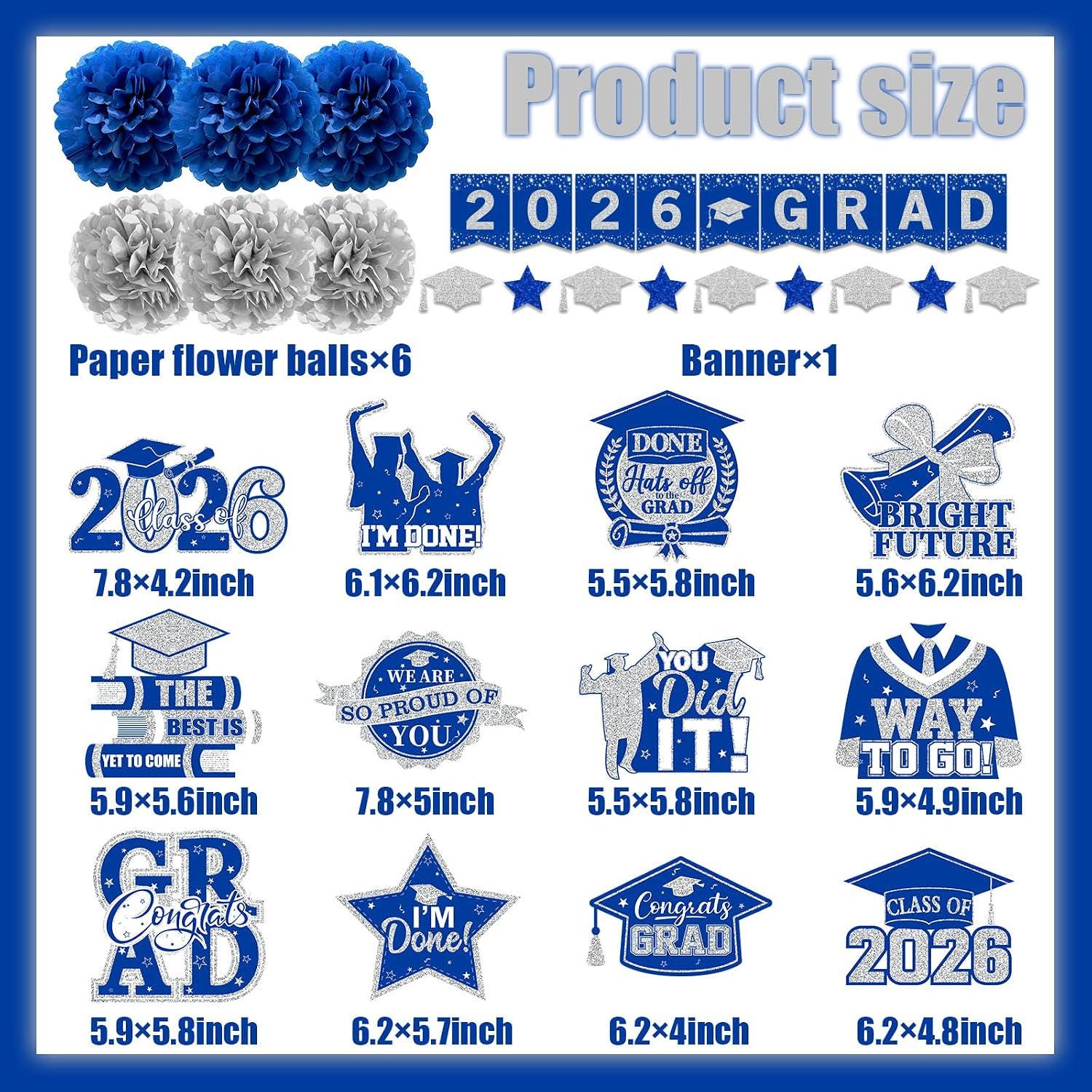 Class of 2026 Graduation Decorations, Blue Silver Banner, Swirls, Lanterns (Party Set)