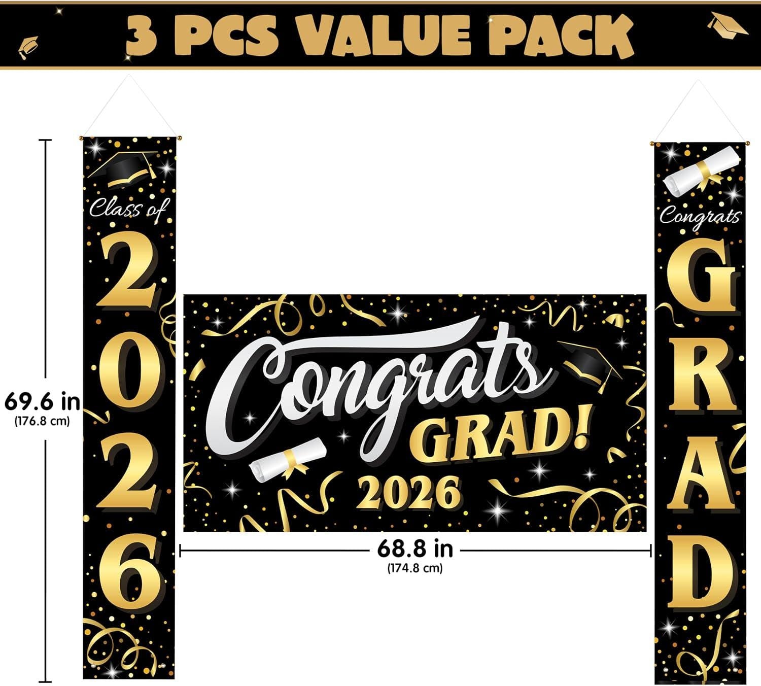 Class of 2026 Graduation Banner Set, Gold Black Congrats Grad Decorations (3pc)