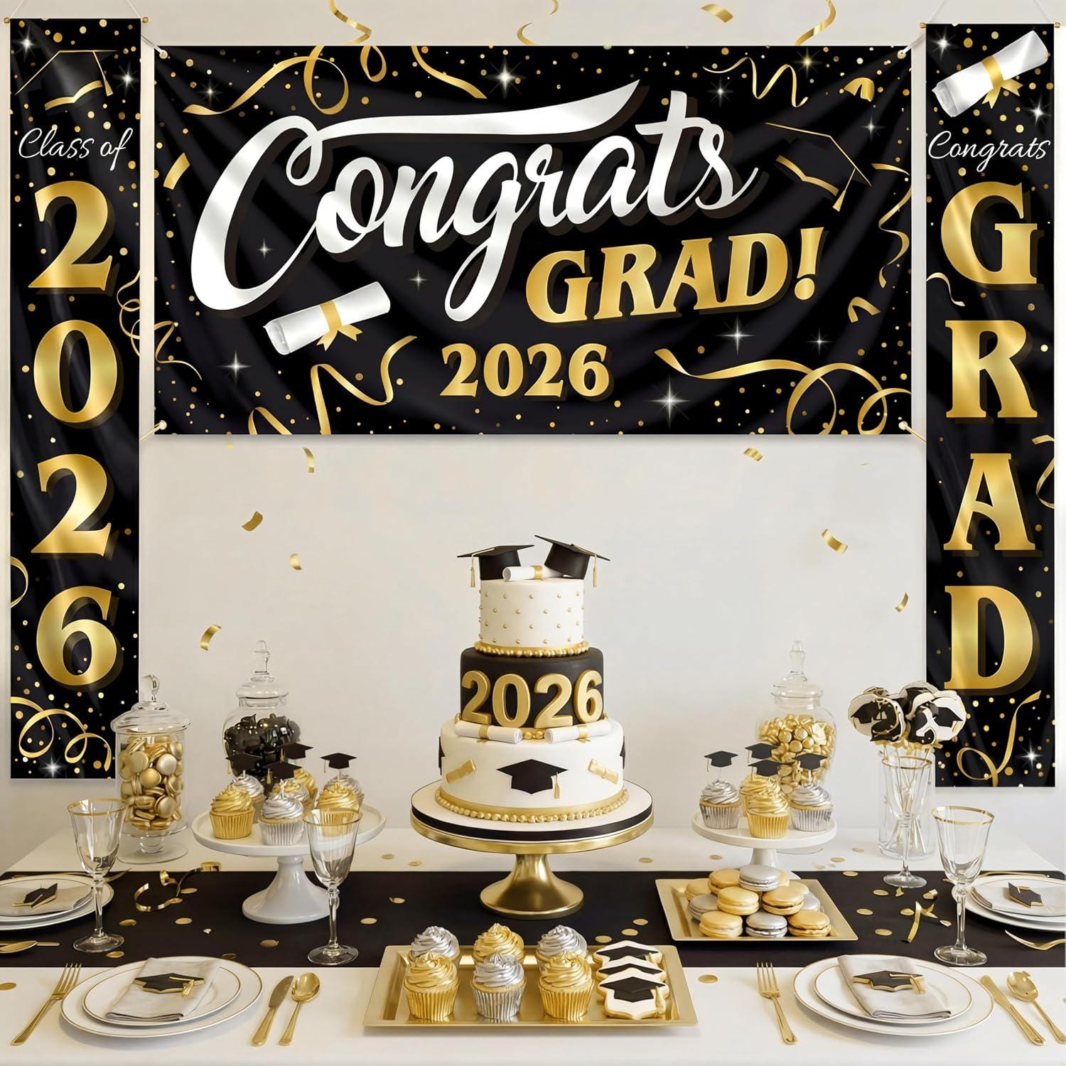 Class of 2026 Graduation Banner Set, Gold Black Congrats Grad Decorations (3pc)