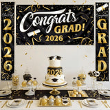 Class of 2026 Graduation Banner Set, Gold Black Congrats Grad Decorations (3pc)
