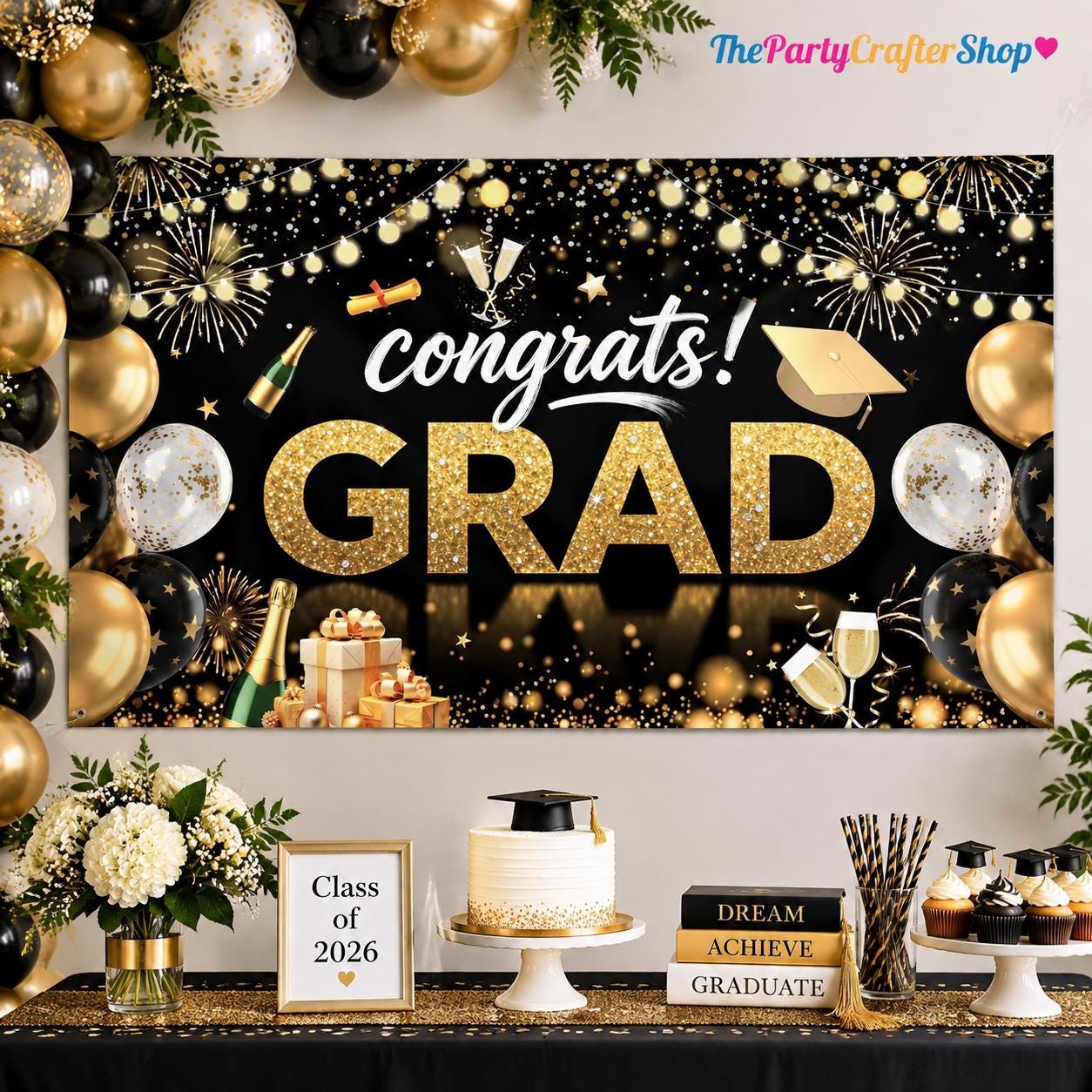 Class of 2026 Graduation Backdrop, Black Gold Congrats Banner (72x43 Inch)
