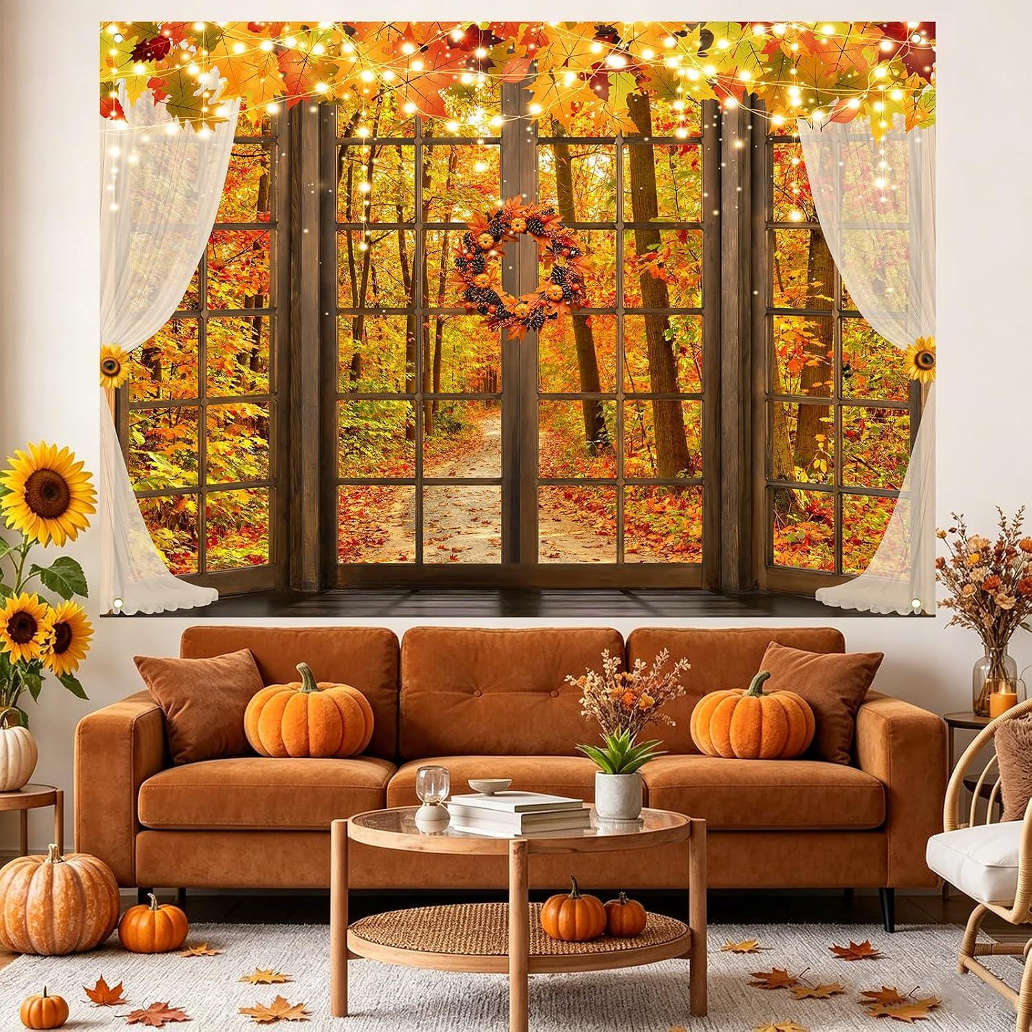 Fall Wooden Window Backdrop, Maple Pumpkin Sunflower Photography Prop (7x5FT)