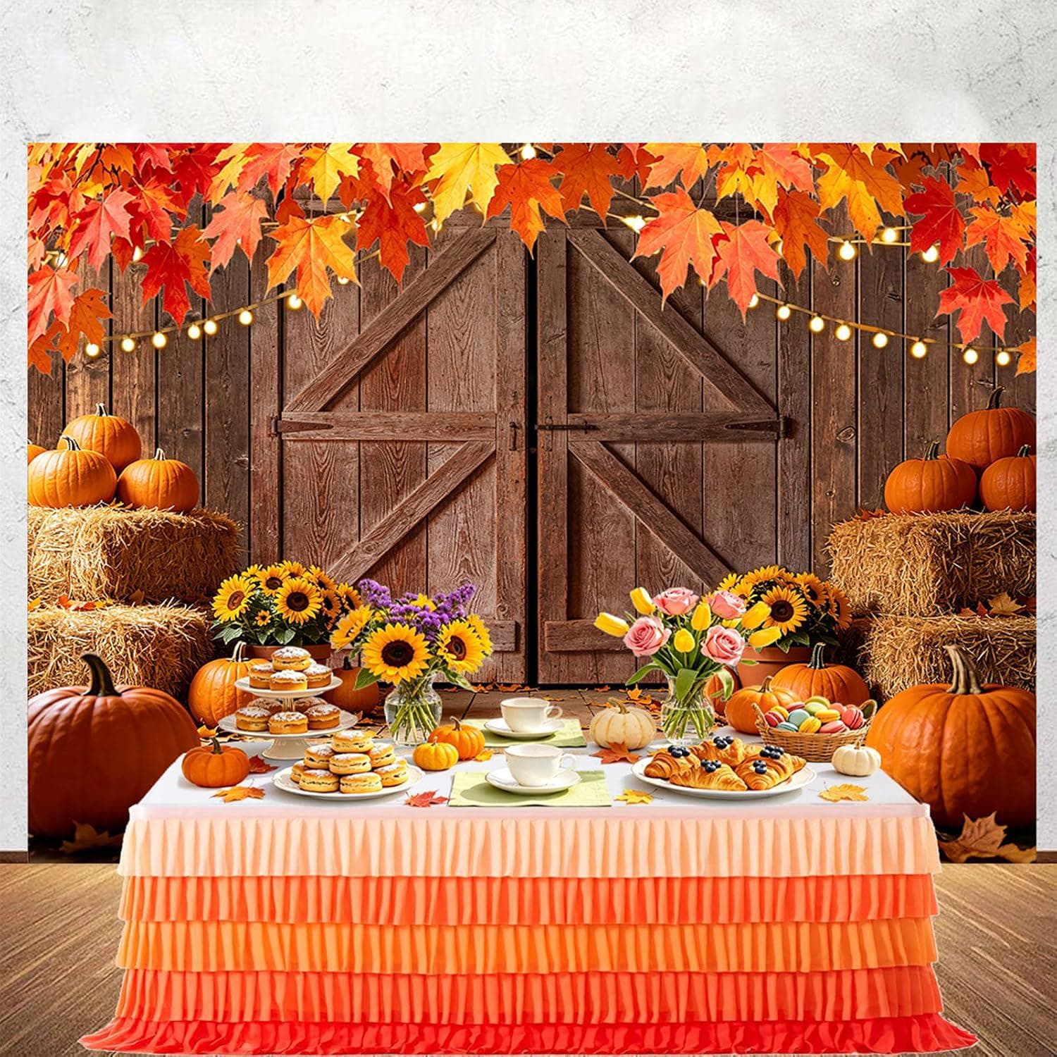 10x8FT Rustic Barn Door Fall Harvest Backdrop, Pumpkin Sunflower Farm Photo Prop (10x8FT)