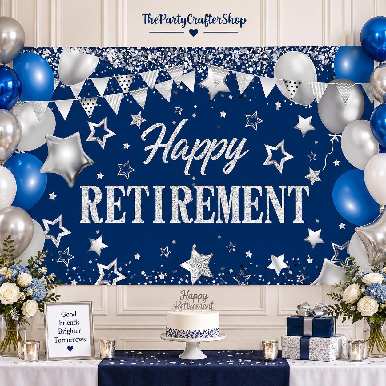 Blue Silver Retirement Party Backdrop, Large Photo Booth Sign (71" x 43.3")