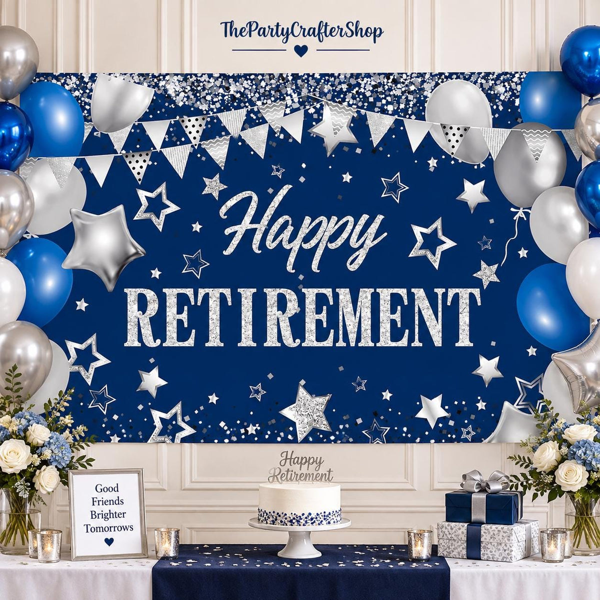 Blue Silver Retirement Party Backdrop, Large Photo Booth Sign (71" x 43.3")