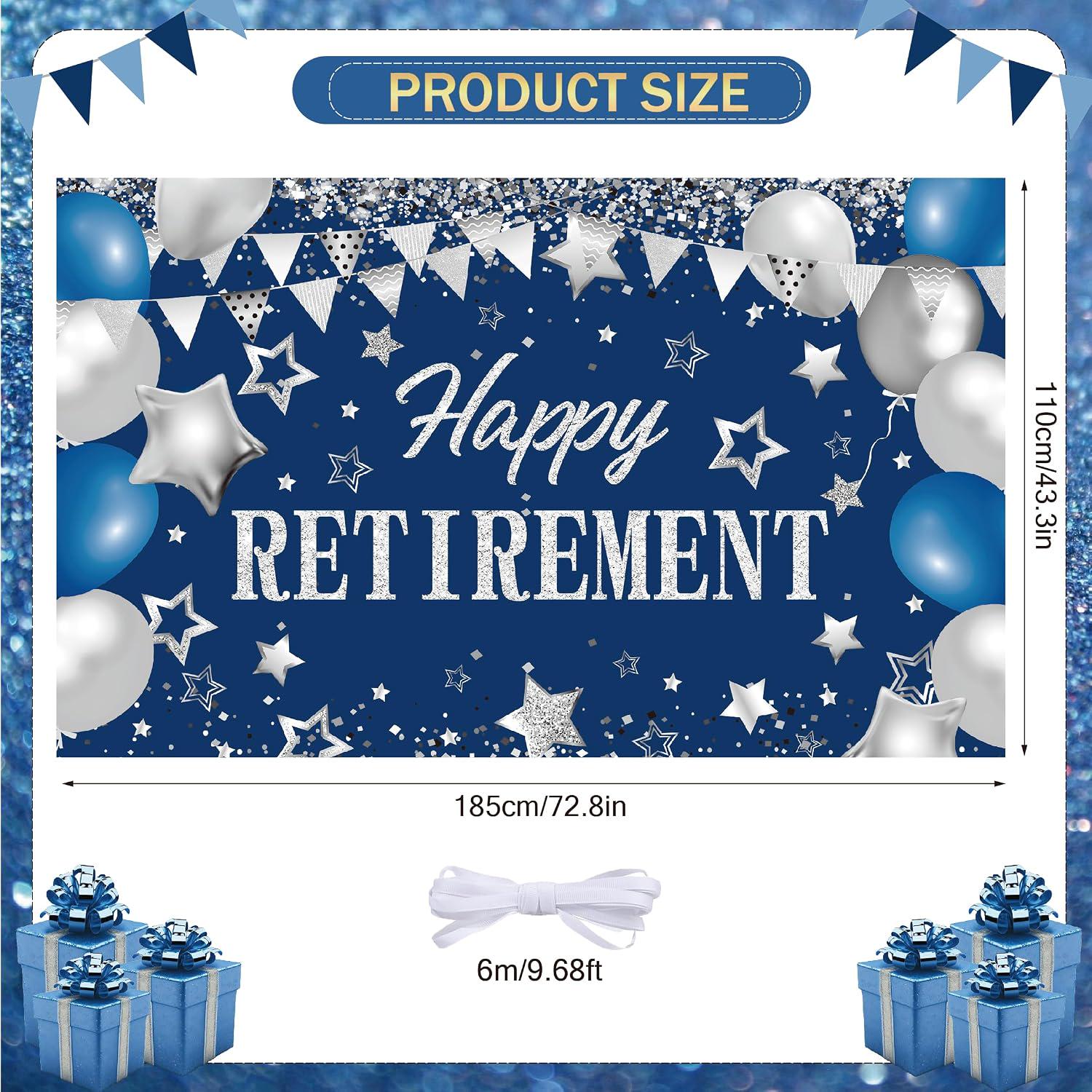 Blue Silver Retirement Party Backdrop, Large Photo Booth Sign (71" x 43.3")