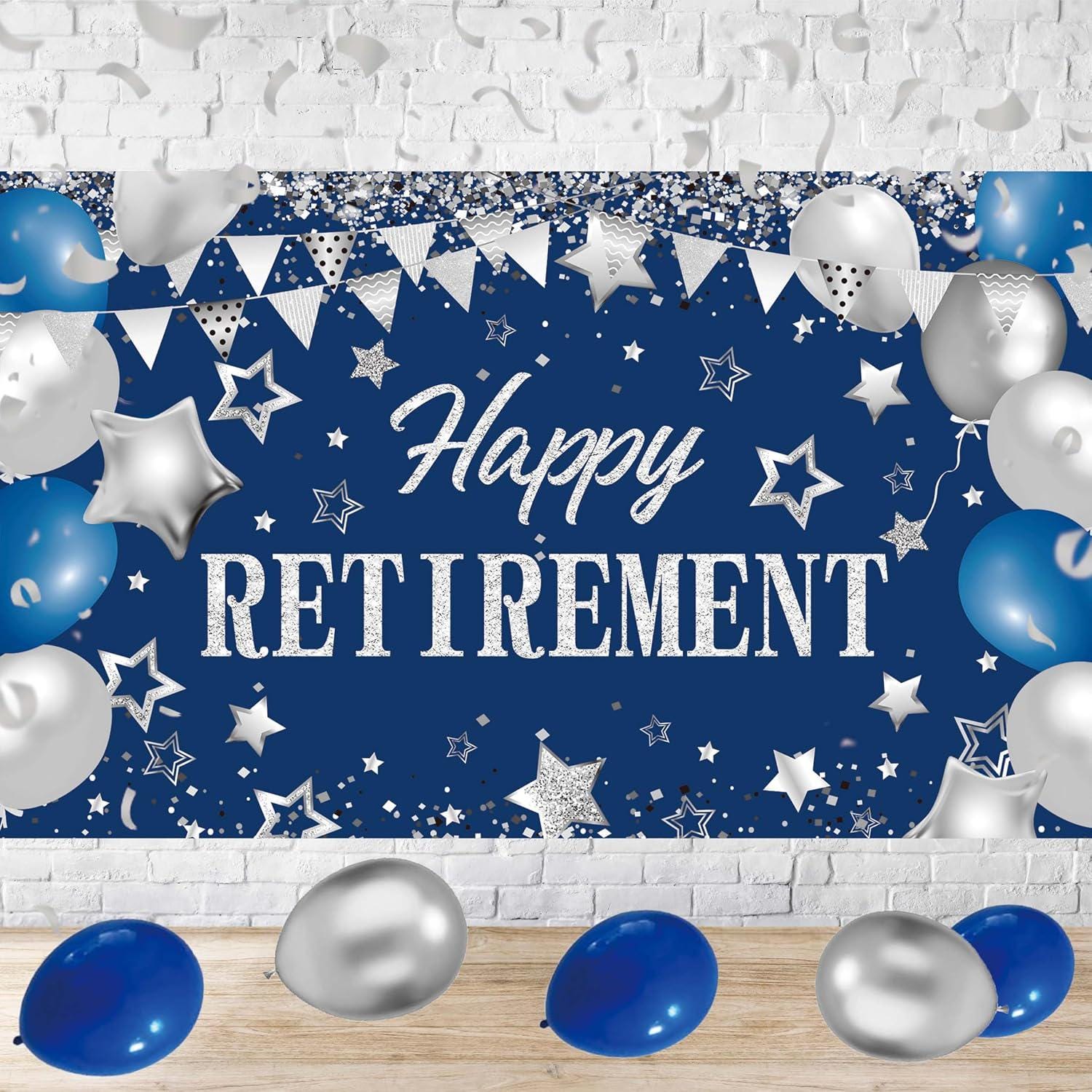 Blue Silver Retirement Party Backdrop, Large Photo Booth Sign (71" x 43.3")