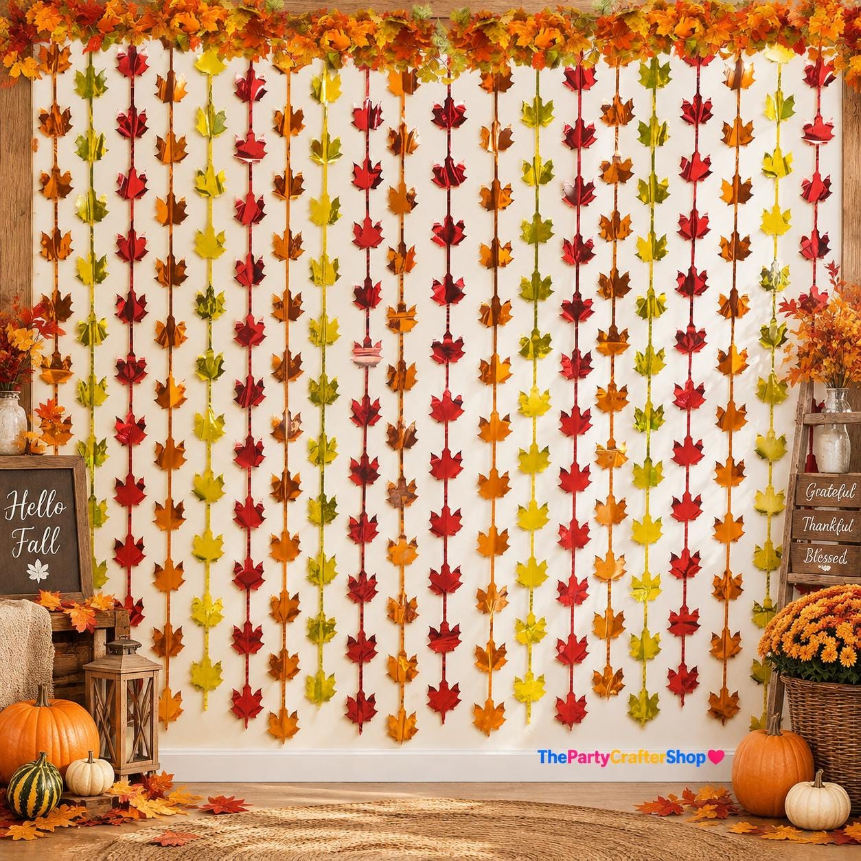 2 Pack Fall Maple Leaf Foil Curtains, Red Gold Orange Tinsel Backdrop (3.3x6.6ft)