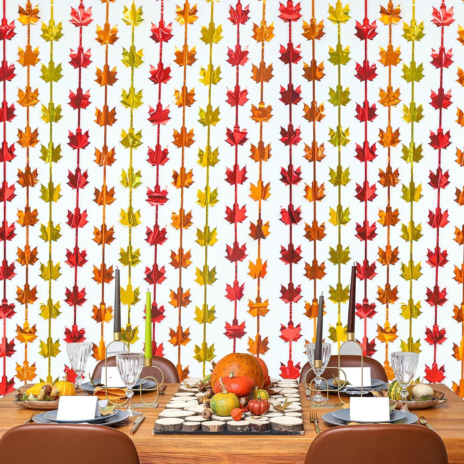 2 Pack Fall Maple Leaf Foil Curtains, Red Gold Orange Tinsel Backdrop (3.3x6.6ft)