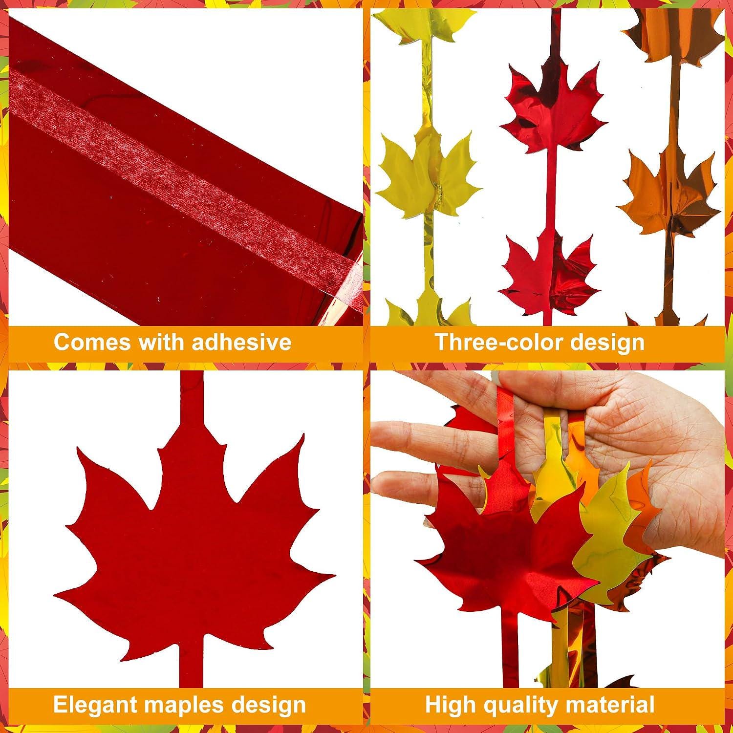 2 Pack Fall Maple Leaf Foil Curtains, Red Gold Orange Tinsel Backdrop (3.3x6.6ft)