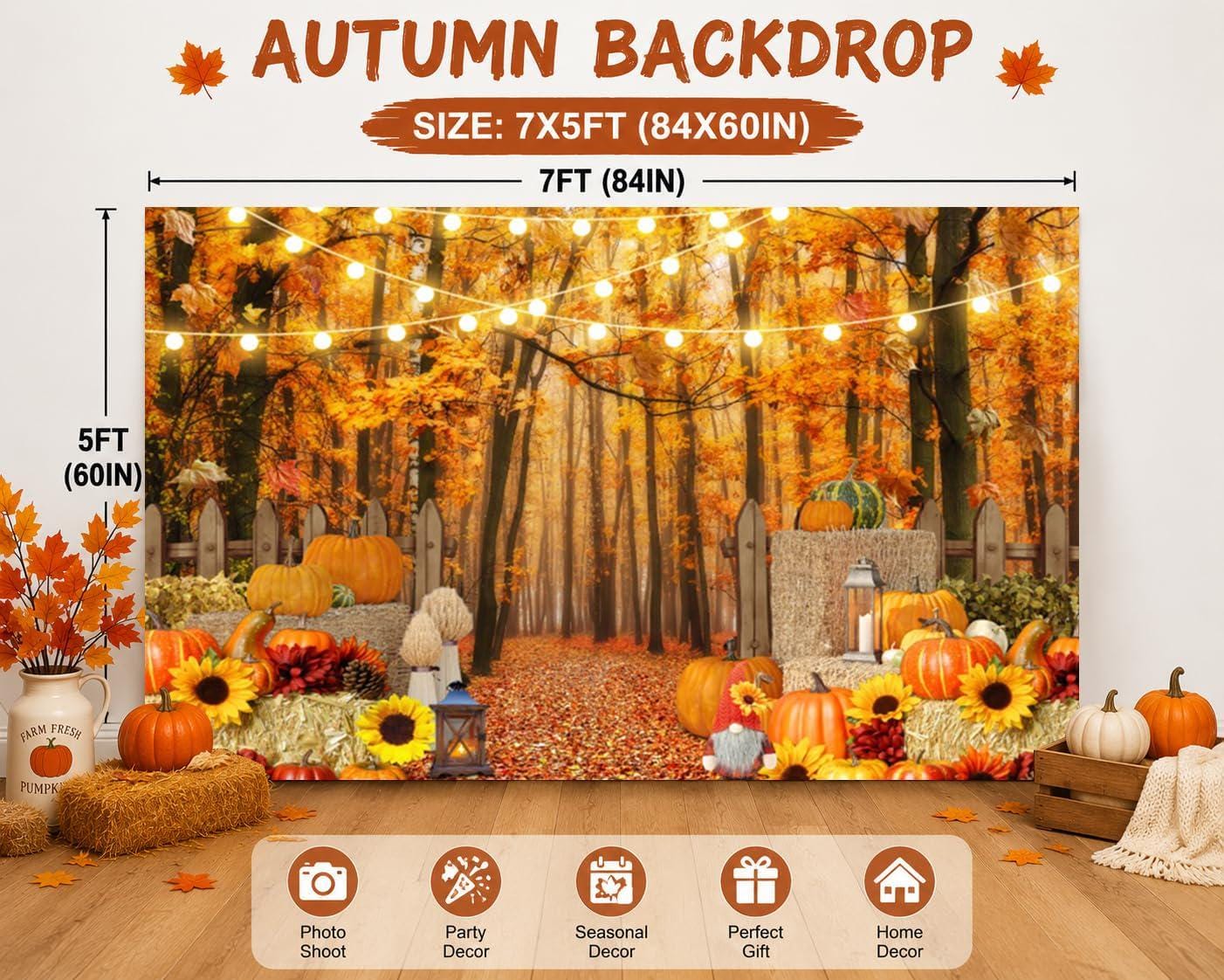 7x5FT Autumn Forest Pumpkin Backdrop, Rustic Thanksgiving Photo Prop (Vinyl)