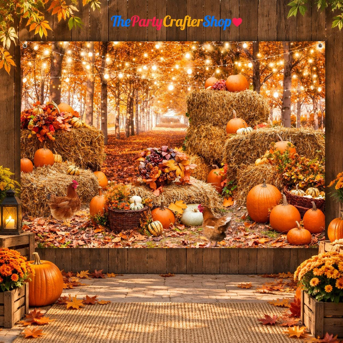 10x8FT Fall Harvest Backdrop, Autumn Leaves, Pumpkins, Hay Bales (Fabric Photo Booth Decor)