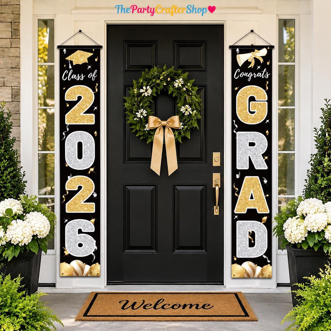 Class of 2026 Graduation Banner, Black & Gold Congrats Grad Porch Sign (72x12 Inch)
