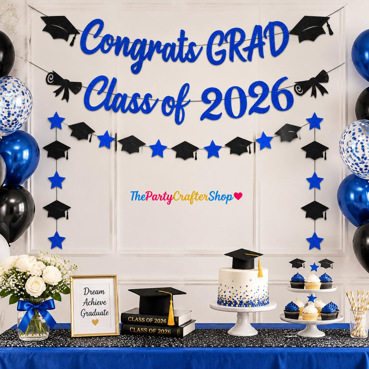 Blue Black Glitter Graduation Decorations, Class of 2026 Banner, Caps Garland (Pre-Strung)